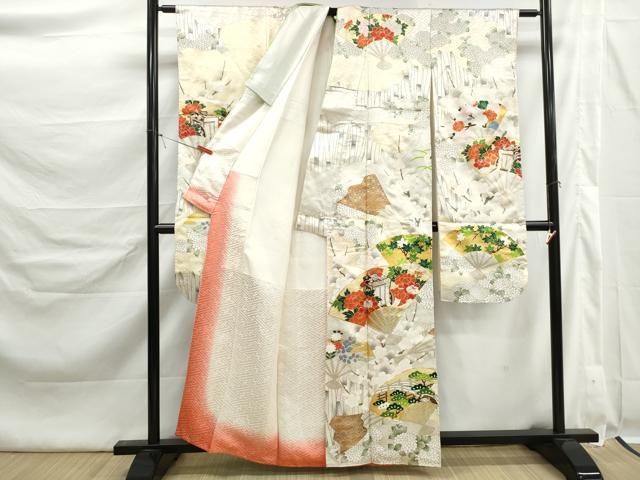 平和屋着物■豪華振袖　駒刺繍　扇面御所車花文　金彩　正絹　逸品　DABK6381qa