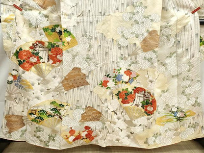 平和屋着物■豪華振袖　駒刺繍　扇面御所車花文　金彩　正絹　逸品　DABK6381qa