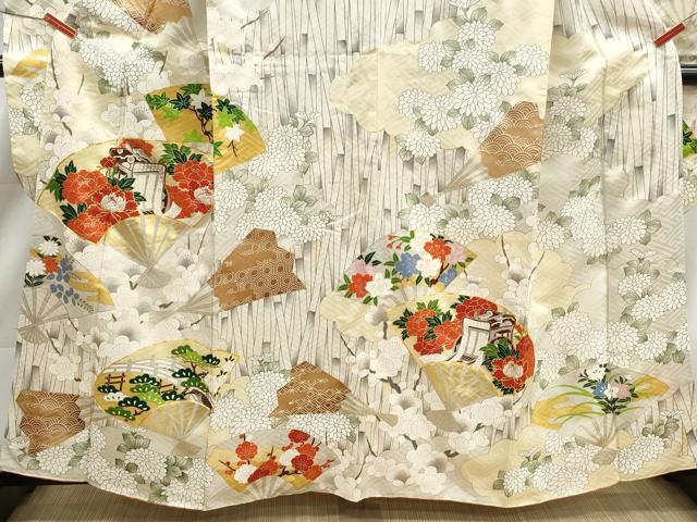 平和屋着物■豪華振袖　駒刺繍　扇面御所車花文　金彩　正絹　逸品　DABK6381qa