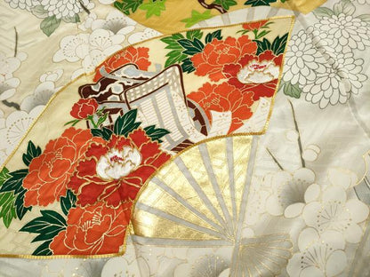 平和屋着物■豪華振袖　駒刺繍　扇面御所車花文　金彩　正絹　逸品　DABK6381qa
