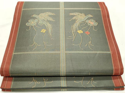平和屋着物◎六通柄袋帯　花鳥文　金糸　正絹　逸品　DABK8685cm