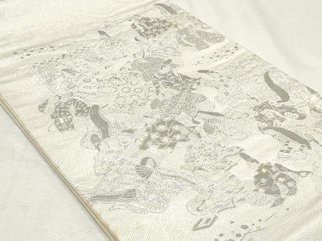 平和屋着物◎太鼓柄袋帯　平安人物文　銀糸　正絹　逸品　DABK8673cm