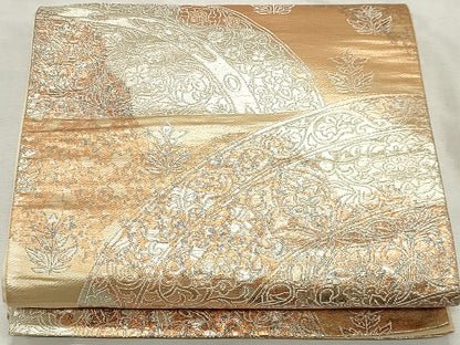 平和屋着物◎六通柄袋帯　地紙花文　銀糸　正絹　逸品　DABK8669cm