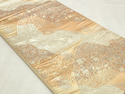 平和屋着物◎六通柄袋帯　地紙花文　銀糸　正絹　逸品　DABK8669cm