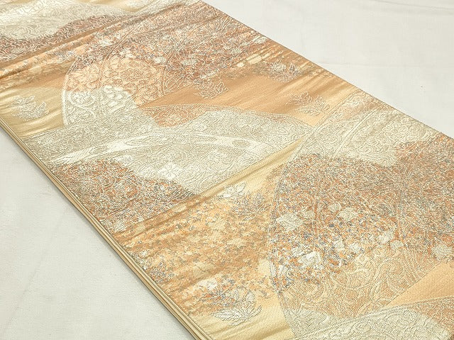 平和屋着物◎六通柄袋帯　地紙花文　銀糸　正絹　逸品　DABK8669cm