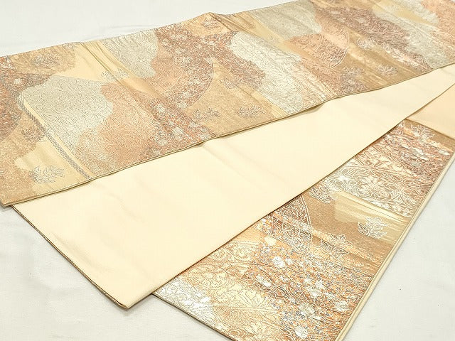 平和屋着物◎六通柄袋帯　地紙花文　銀糸　正絹　逸品　DABK8669cm