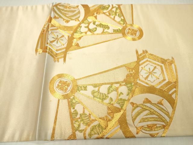 平和屋着物▼太鼓柄袋帯　駒刺繍　総刺繍　扇面舞蝶花丸文　金糸　正絹　逸品　DABJ7958fe