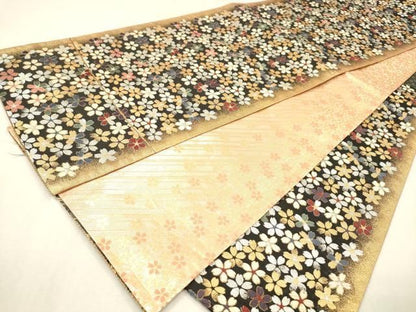 平和屋着物▼佐賀錦　両面　六通柄袋帯　唐織　舞桜　金銀糸　正絹　逸品　DABL2166fe