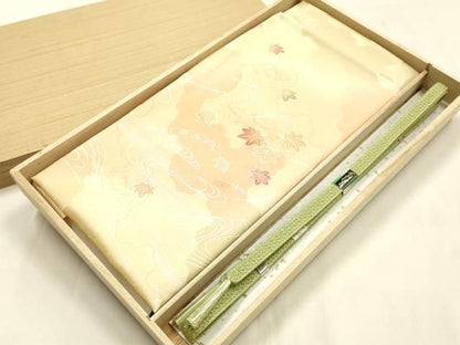 平和屋本店●和装小物　帯締め・帯揚げセット　平組　舞葉文　金糸　暈し染め　正絹　逸品　未使用　AABL9440ay