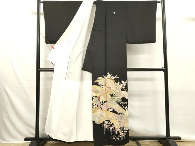 平和屋着物■豪華黒留袖　駒刺繍　吉祥地紙花文　金彩　正絹　逸品　DABK9786cd