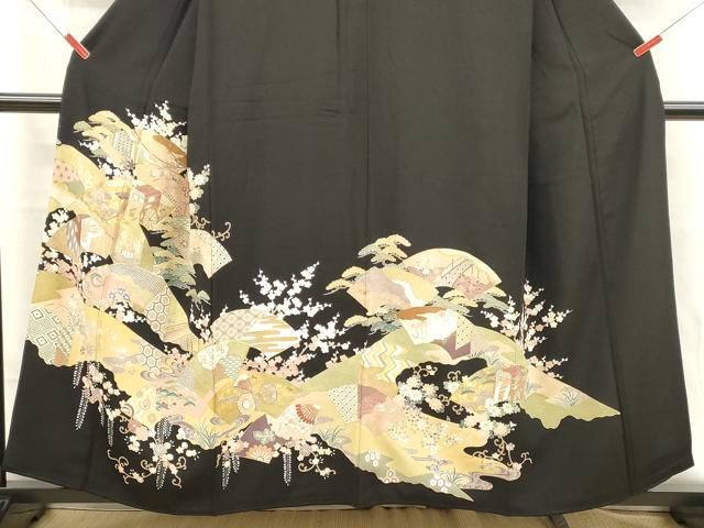 平和屋着物■豪華黒留袖　駒刺繍　吉祥地紙花文　金彩　正絹　逸品　DABK9786cd