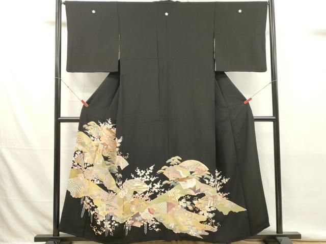 平和屋着物■豪華黒留袖　駒刺繍　吉祥地紙花文　金彩　正絹　逸品　DABK9786cd
