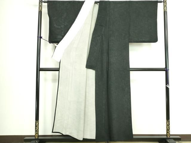 平和屋着物▽上質な小紋　無双　紗袷　紗×紗　縞　黒地　正絹　逸品　DABK9949cd