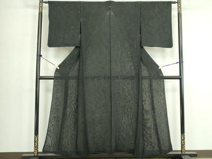 平和屋着物▽上質な小紋　無双　紗袷　紗×紗　縞　黒地　正絹　逸品　DABK9949cd
