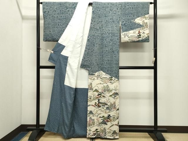平和屋着物●人間国宝・南部芳松の息子 伝統工芸伝承者彫刻・南部幸雄　型染　訪問着　風景文　鬼しぼ縮緬　正絹　逸品　CABM5282gh