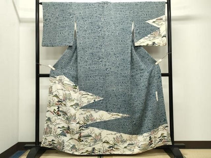 平和屋着物●人間国宝・南部芳松の息子 伝統工芸伝承者彫刻・南部幸雄　型染　訪問着　風景文　鬼しぼ縮緬　正絹　逸品　CABM5282gh
