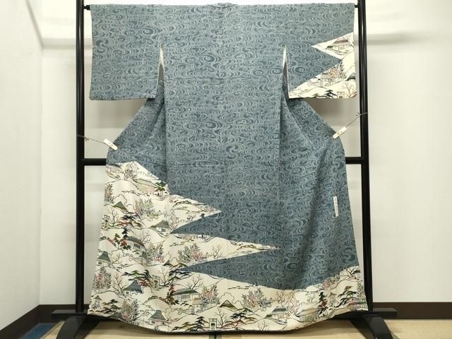平和屋着物●人間国宝・南部芳松の息子 伝統工芸伝承者彫刻・南部幸雄　型染　訪問着　風景文　鬼しぼ縮緬　正絹　逸品　CABM5282gh