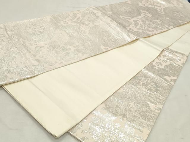 平和屋着物◎西陣　六通柄袋帯　花鳥文　銀糸　証紙付き　正絹　逸品　DABK8795cm