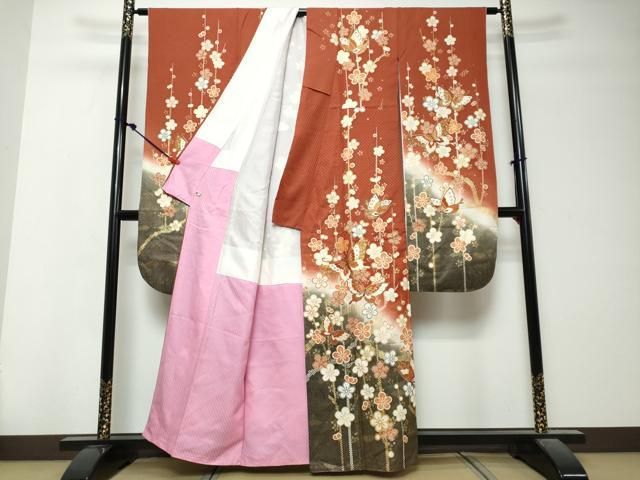 平和屋着物●豪華振袖　花蝶文　暈し染め　金彩　正絹　逸品　DABK0896ud