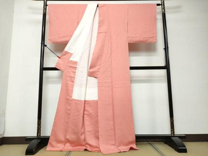 平和屋着物●上質な色無地　花唐草地紋　甚三紅色　ロング丈　正絹　逸品　DABK0926ud
