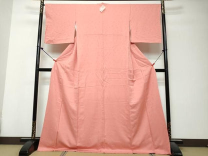 平和屋着物●上質な色無地　花唐草地紋　甚三紅色　ロング丈　正絹　逸品　DABK0926ud