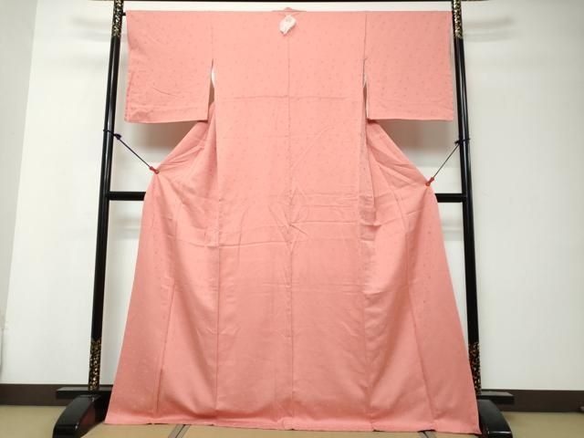 平和屋着物●上質な色無地　花唐草地紋　甚三紅色　ロング丈　正絹　逸品　DABK0926ud