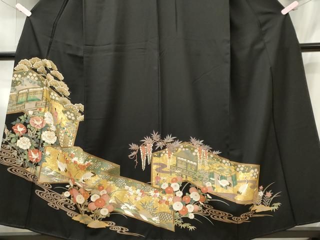 平和屋着物■豪華黒留袖　駒刺繍　人物群鶴風景文　金彩　正絹　逸品　CABL5850ou