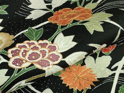 平和屋本店●極上　訪問着　駒刺繍　立波板橋花文　黒地　金彩　逸品　未使用　DZAB6996kh6
