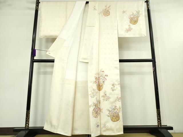 平和屋本店●極上　訪問着　駒刺繍　花篭　鳥の子色地　金彩　伊と幸　三越扱い　反端付き　逸品　未使用　DZAB5820kh6