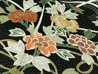 平和屋本店●極上　訪問着　駒刺繍　立波板橋花文　黒地　金彩　逸品　未使用　DZAB6996kh6