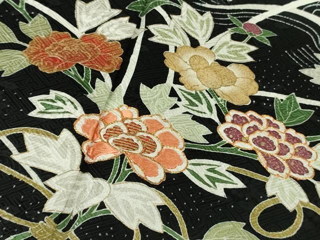 平和屋本店●極上　訪問着　駒刺繍　立波板橋花文　黒地　金彩　逸品　未使用　DZAB6996kh6