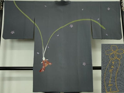 平和屋本店∞極上　世界的人形師　辻村寿三郎　ジュサブロー　道中着　ロング丈　刺繍　花兎　伊と幸　灰色地　反端付き　逸品 DZAB7514kh6