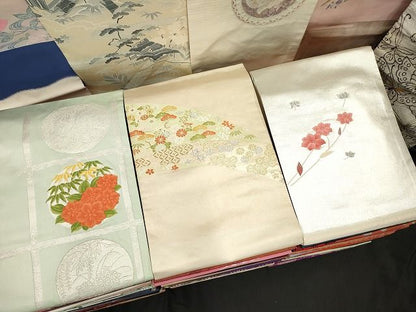 平和屋本店■名古屋帯 まとめて100点 鳥 蝶 風景 松竹梅 花柄 手描き 相良刺繍 金銀糸 など 着用可能多数 未使用品あり 全て正絹 se0062