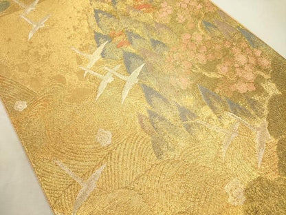 平和屋着物◎佐賀錦　西陣　弥栄織物謹製　六通柄袋帯　光悦織　飛鶴　金糸　証紙付き　正絹　逸品　DABL0622ya