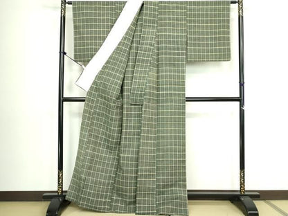 平和屋着物▽信州紬　単衣　格子　証紙付き　正絹　逸品　DABL4045cd