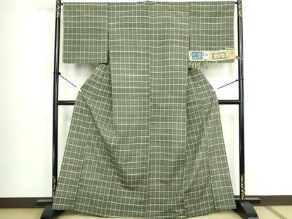 平和屋着物▽信州紬　単衣　格子　証紙付き　正絹　逸品　DABL4045cd