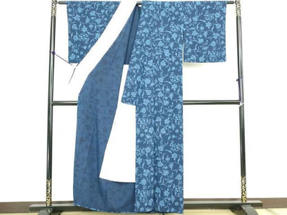 平和屋着物▽上質な小紋　単衣　藍　枝花文　正絹　逸品　DABL4064cd