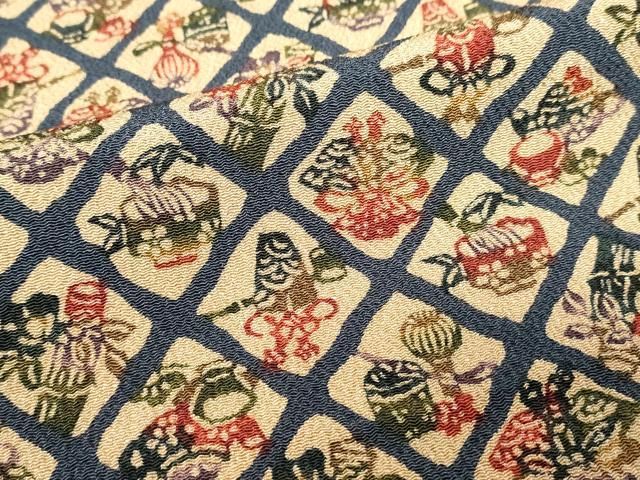 平和屋着物▽上質な小紋　単衣　型染め　茶器　鬼しぼ縮緬　正絹　逸品　DABL4062cd