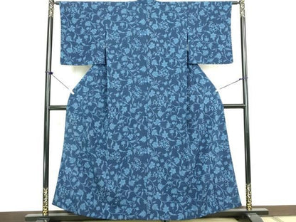 平和屋着物▽上質な小紋　単衣　藍　枝花文　正絹　逸品　DABL4064cd