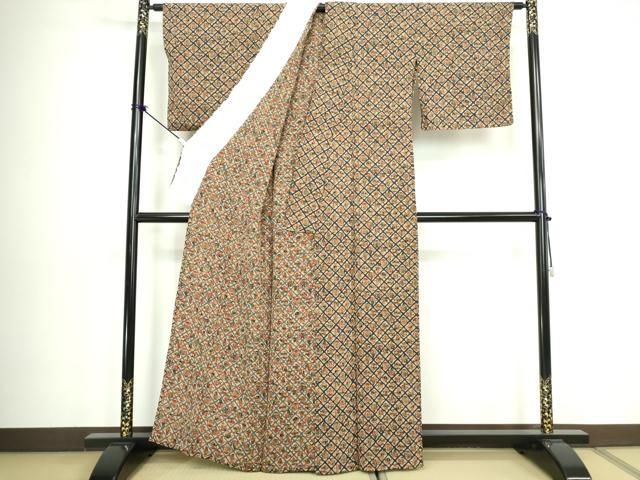 平和屋着物▽上質な小紋　単衣　型染め　茶器　鬼しぼ縮緬　正絹　逸品　DABL4062cd