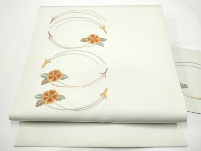 平和屋着物●塩瀬　九寸名古屋帯　駒刺繍　草花文　金彩　正絹　逸品　CABN8088hy