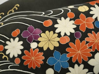 平和屋着物●塩瀬　つけ帯　流水花文　黒地　金彩　正絹　逸品　CABN8100hy