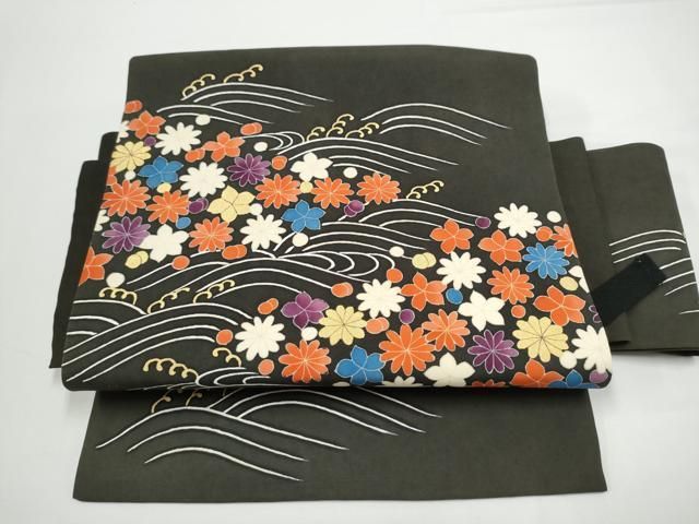 平和屋着物●塩瀬　つけ帯　流水花文　黒地　金彩　正絹　逸品　CABN8100hy