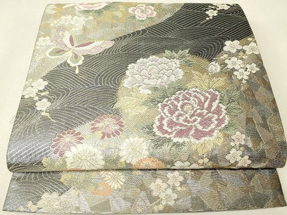 平和屋着物▼六通柄袋帯　舞蝶牡丹文　金銀糸　正絹　逸品　DABK4594az