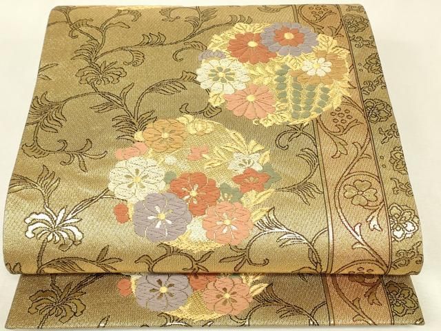 平和屋着物▼両面　六通柄袋帯　唐織　花松丸文　金糸　正絹　逸品　DABK4682az