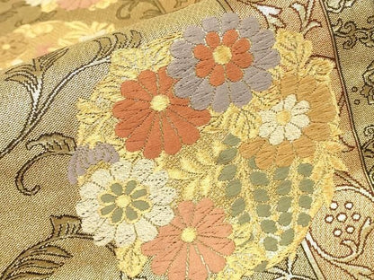平和屋着物▼両面　六通柄袋帯　唐織　花松丸文　金糸　正絹　逸品　DABK4682az