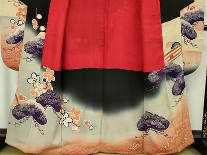 平和屋本店●極上　アンティーク　大正ロマン　振袖　駒刺繍　手刺繍　立波飛鶴松文　暈し染め　黒地　金糸　逸品　DZAC0271kh6