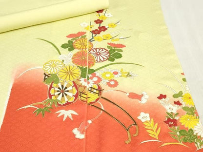 平和屋着物▼付下げ　反物　着尺　駒刺繍　花車文　暈し染め　金彩　逸品　未使用　DABK9469zy