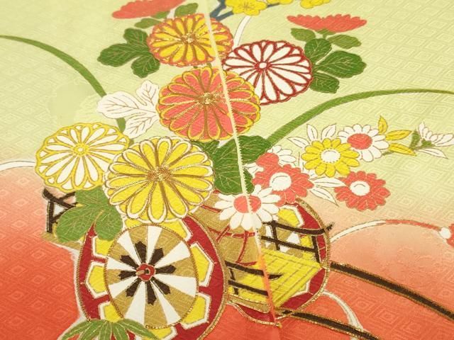 平和屋着物▼付下げ　反物　着尺　駒刺繍　花車文　暈し染め　金彩　逸品　未使用　DABK9469zy