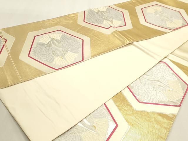 平和屋本店▼六通柄袋帯　唐織　双鶴亀甲花文　綴本金箔　正絹　逸品　DABK5837sf